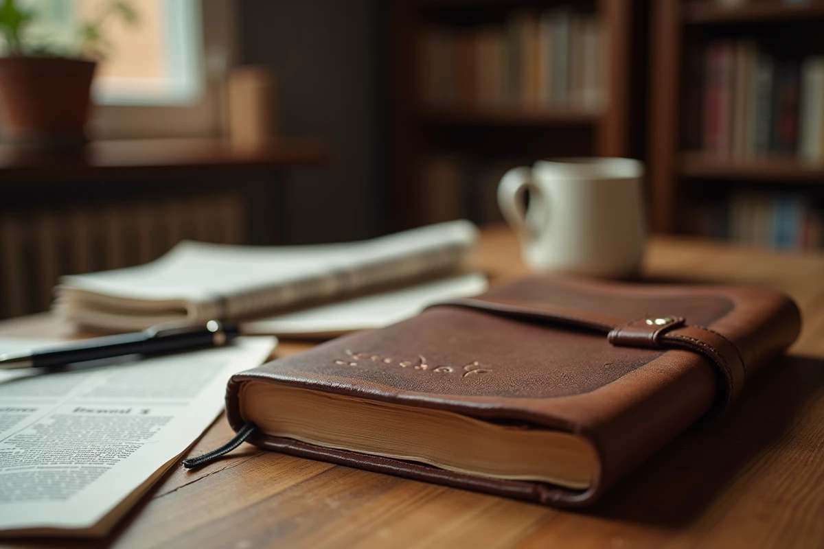 Journal intime fermé posé sur un bureau en bois avec un stylo et un journal, métaphore de la protection de la vie privée des personnalités publiques