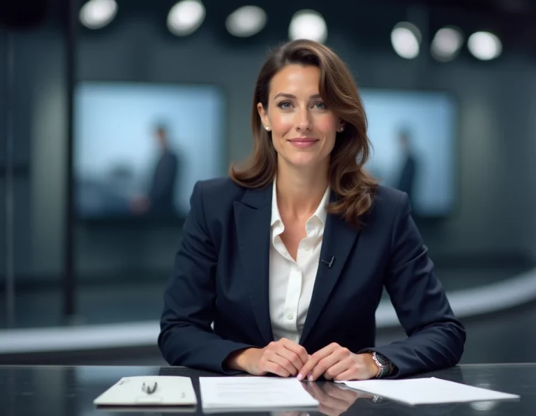 Journaliste professionnelle assise dans un studio de télévision avec un blazer marine, posture confiante devant un bureau de presse