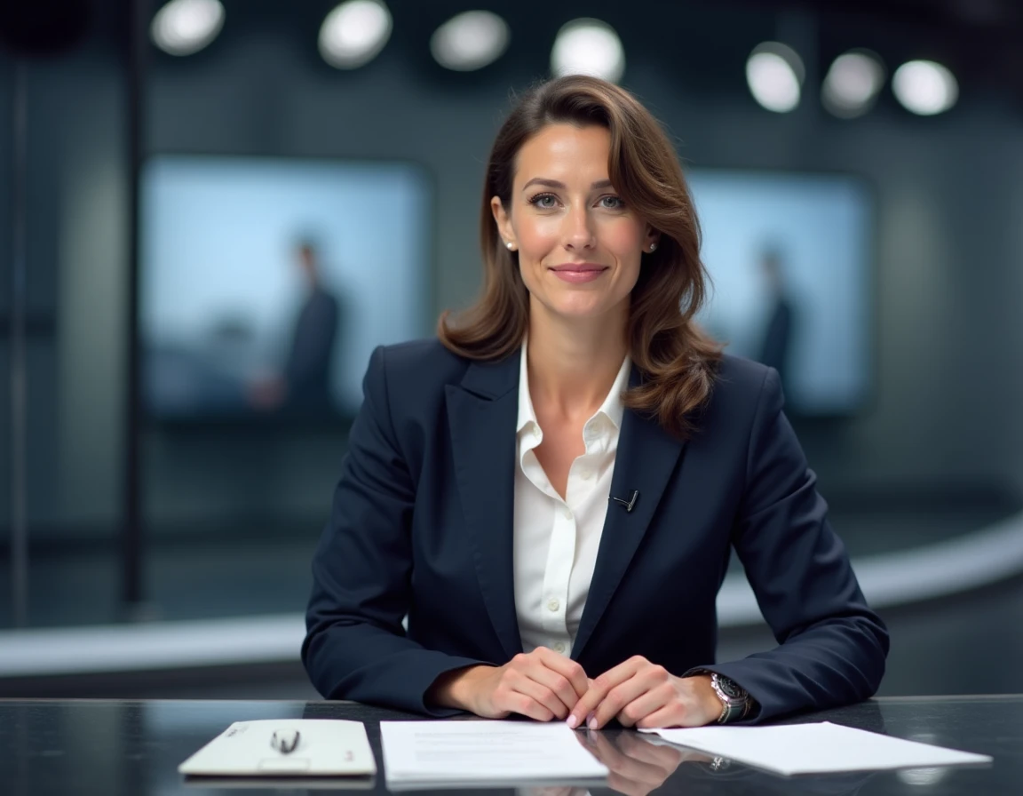 Journaliste professionnelle assise dans un studio de télévision avec un blazer marine, posture confiante devant un bureau de presse