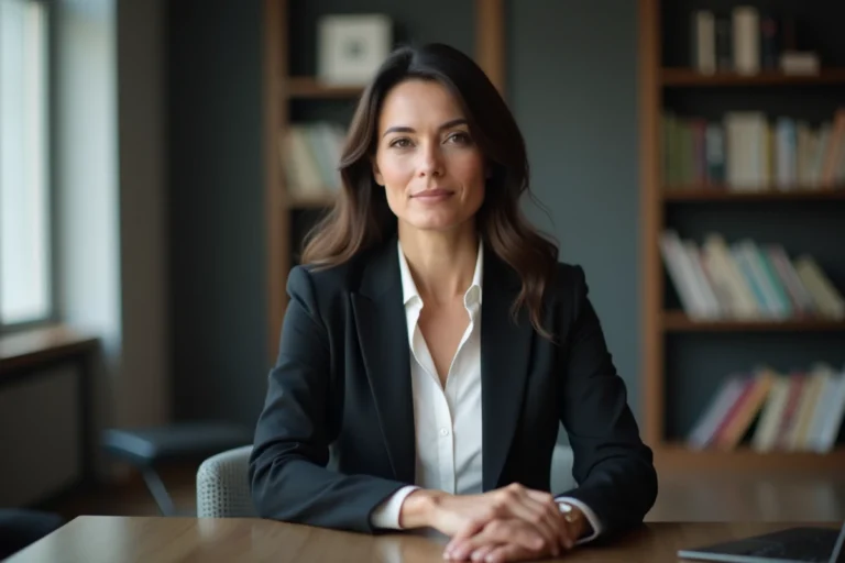 Femme journaliste en blazer sombre assise dans un bureau éditorial moderne, symbolisant le débat sur la vie privée des personnalités publiques