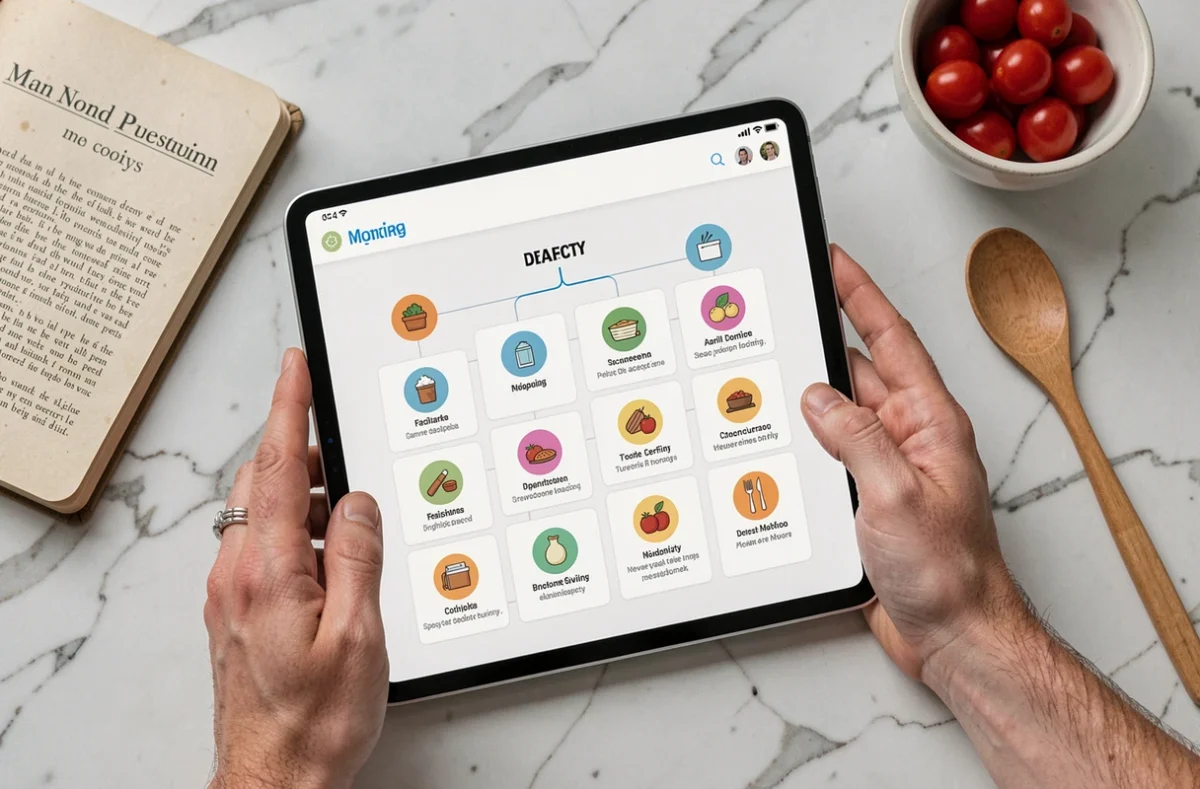 Mains tenant une tablette affichant le plan du site de recettes légères sur un plan de travail en marbre