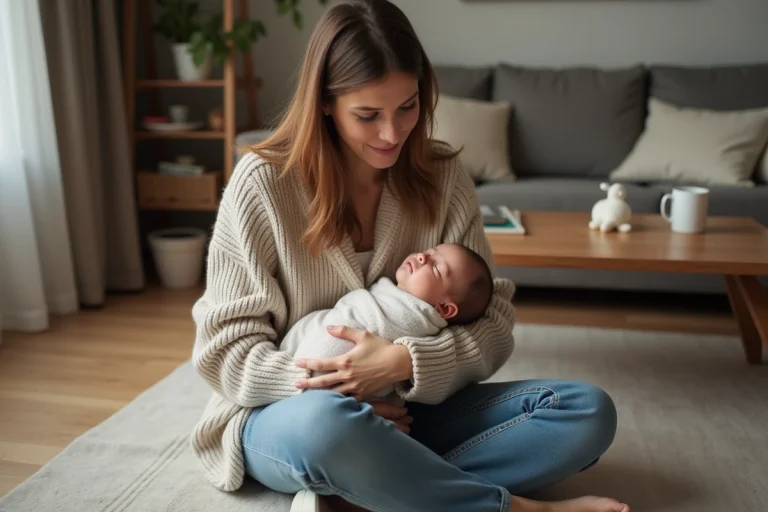 Maman jeune avec bébé dans un salon chaleureux