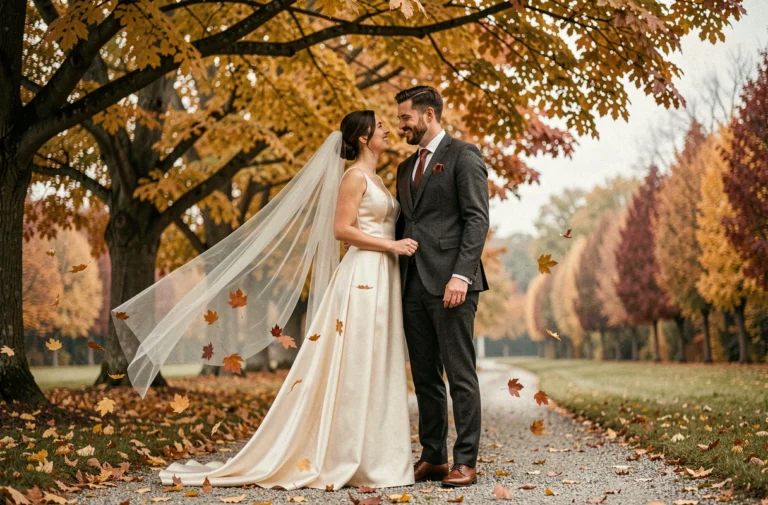Couple de mariés dans un parc en automne entouré de feuilles dorées et d'une ambiance chaleureuse de saison