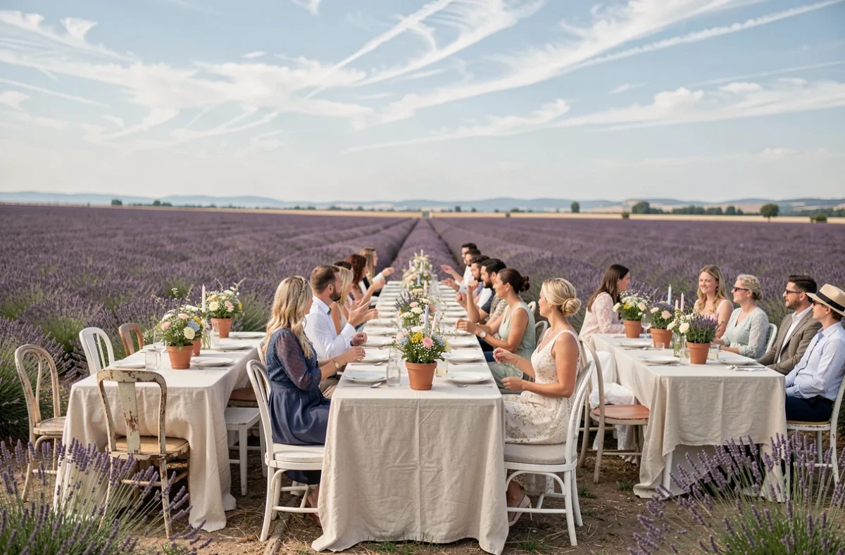Réception de mariage en plein air l'été dans un champ de lavande en Provence avec tables en bois et décoration florale rustique