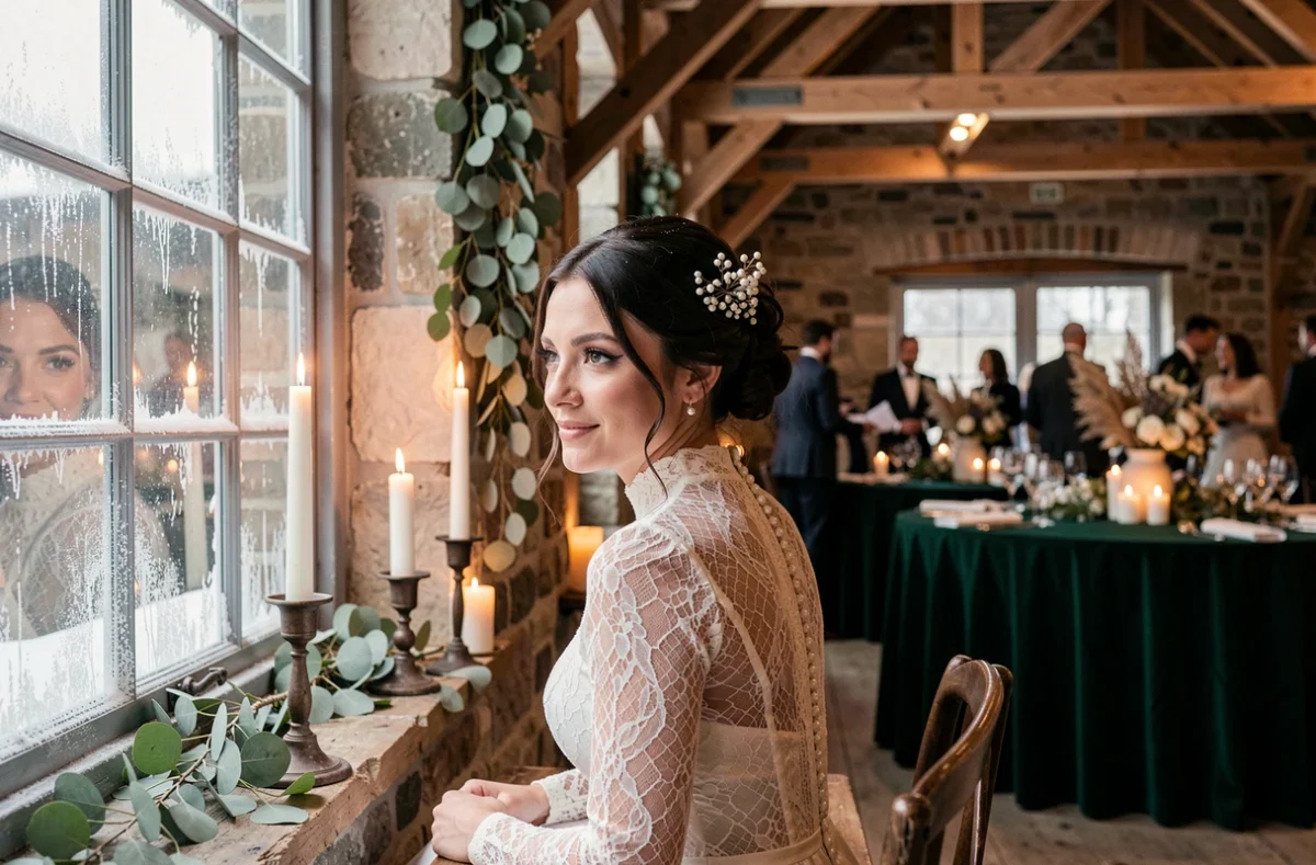 Mariée en robe de dentelle près d'une fenêtre givrée dans une grange en pierre décorée pour un mariage d'hiver élégant