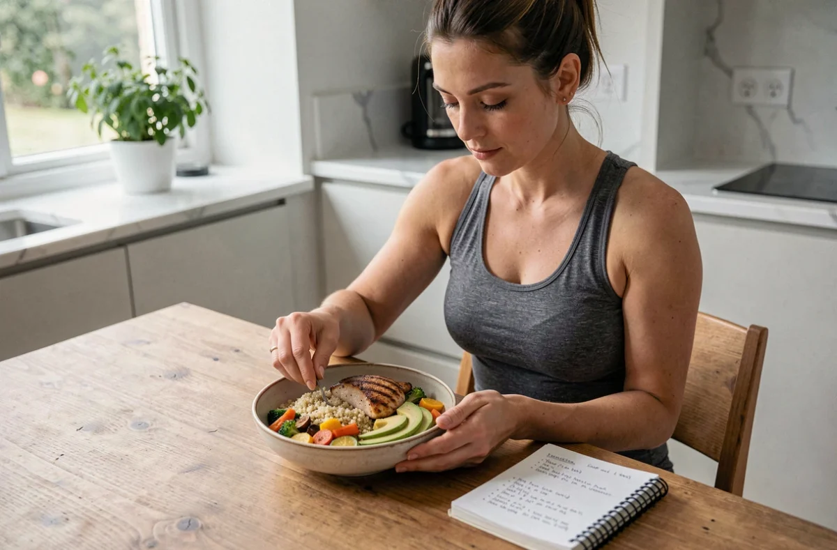 Femme sportive préparant un repas équilibré avec protéines et légumes pour optimiser ses performances physiques