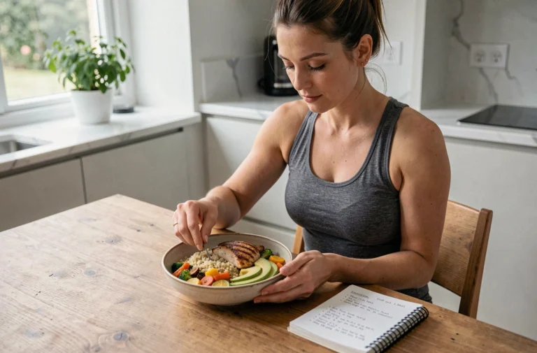 Femme sportive préparant un repas équilibré avec protéines et légumes pour optimiser ses performances physiques