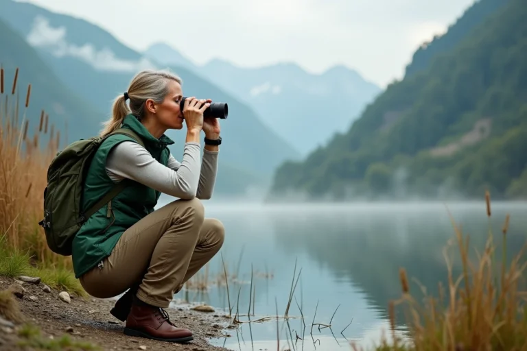 Une femme observe les oiseaux avec des jumelles au bord du lac d'Aiguebelette entouré de roseaux et de reflets montagneux