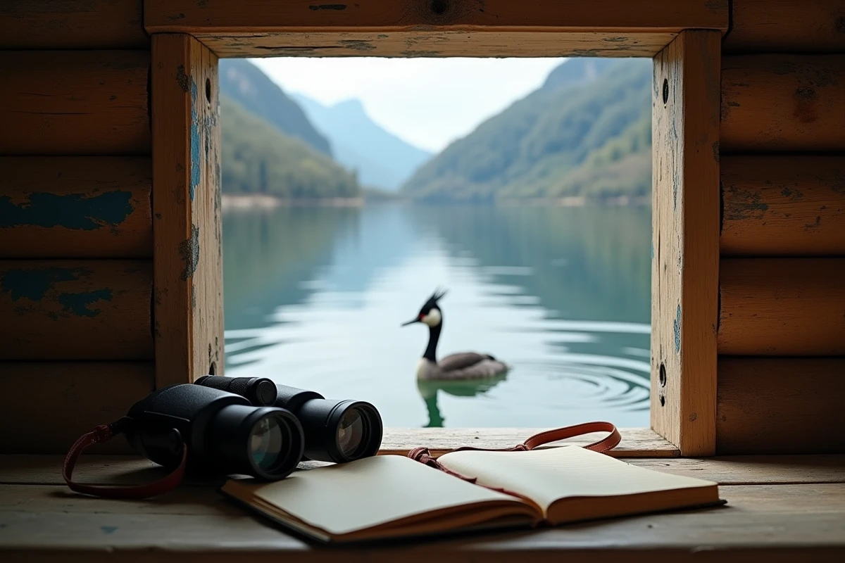 Vue depuis un observatoire ornithologique en bois sur le lac d'Aiguebelette avec jumelles et carnet de notes posés sur le rebord