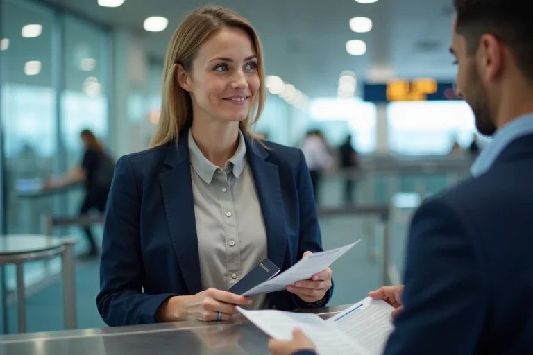 Femme à l'aéroport remet son passeport à l'agent