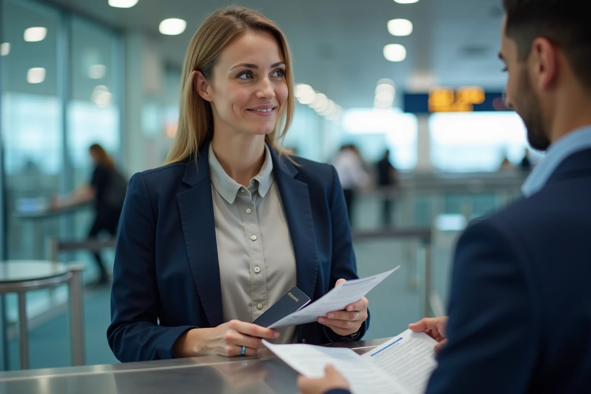 Femme à l'aéroport remet son passeport à l'agent