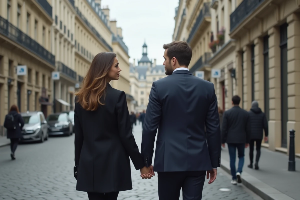 Couple de personnalités publiques marchant dans une rue parisienne haussmannienne, illustrant la tension entre vie publique et vie privée