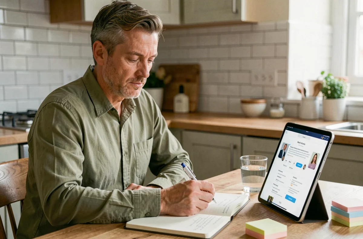 Personne prenant des notes manuscrites devant un profil de réseau professionnel sur tablette pour optimiser sa candidature en ligne