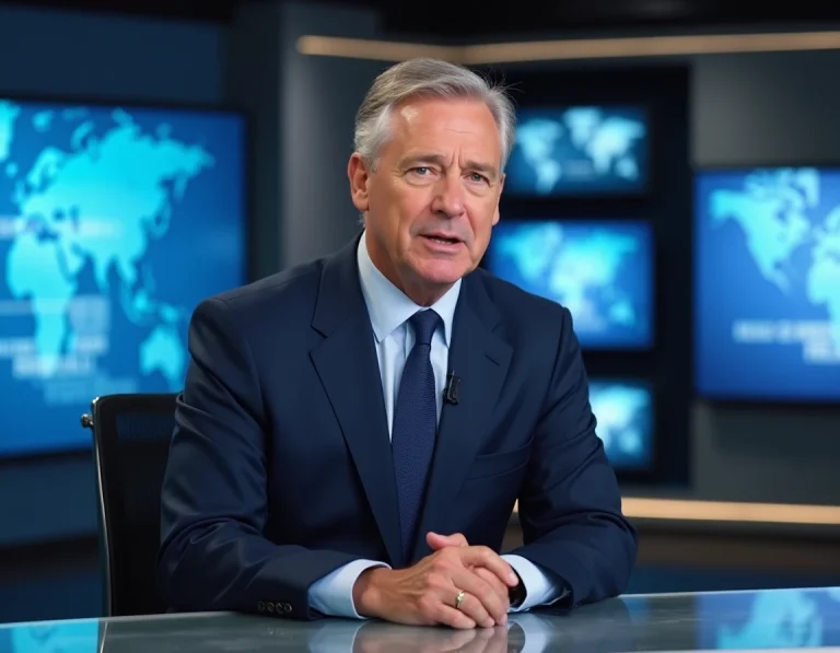 Présentateur de chaîne d'info en direct au bureau du studio, expression préoccupée face à la caméra
