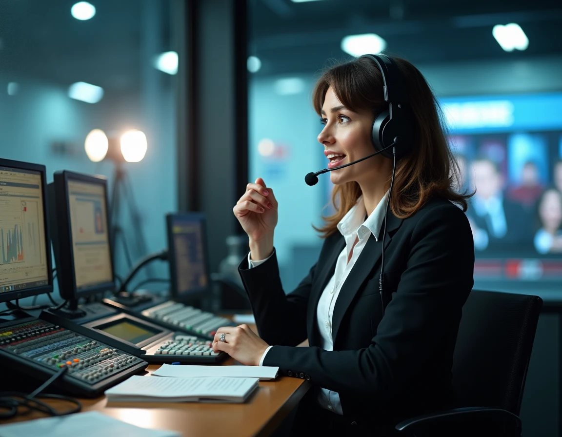 Productrice de journal télévisé en régie surveillant une émission en direct avec inquiétude