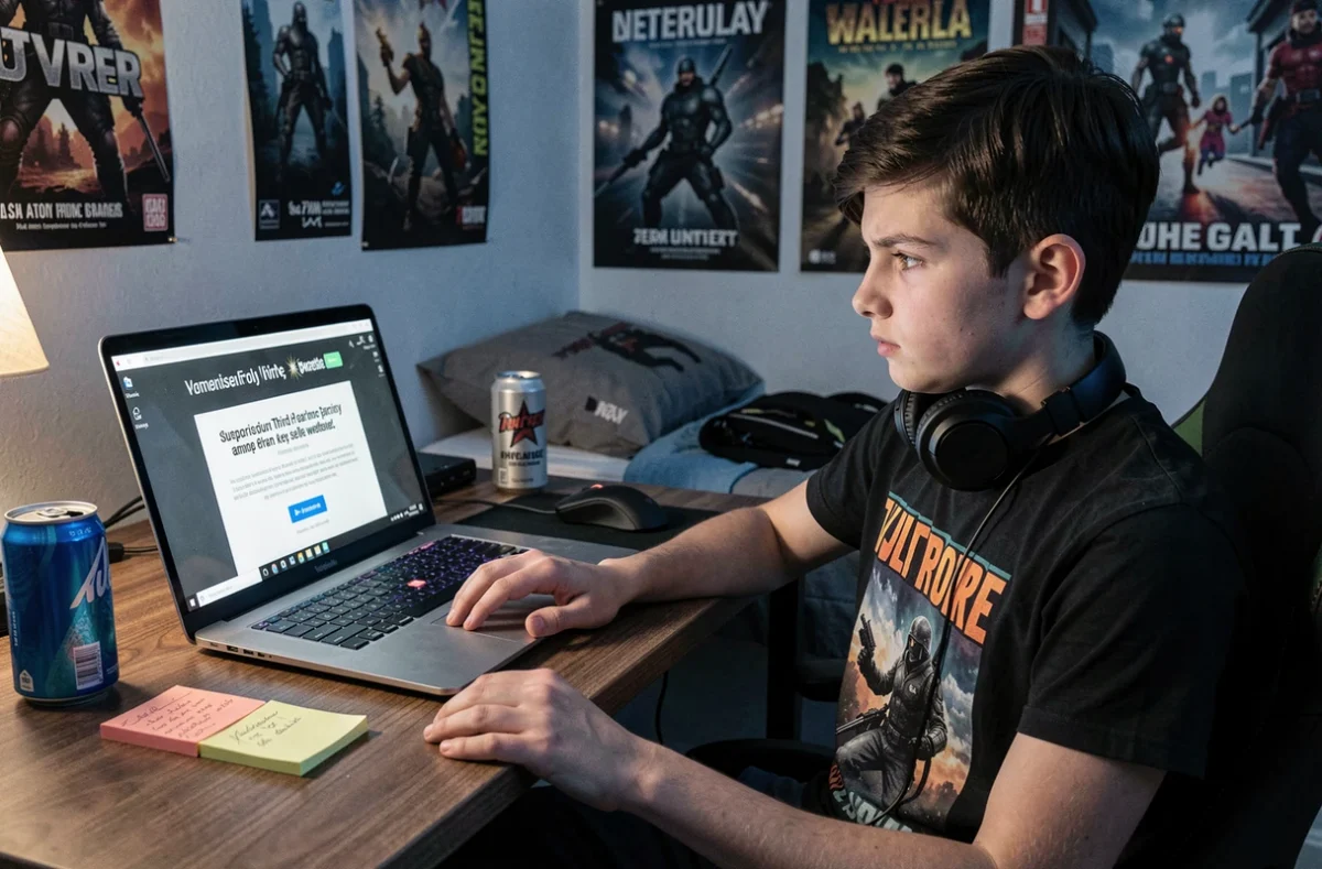 Adolescent prudent face à un site de revente de clés de jeux vidéo suspects affiché sur son ordinateur portable dans sa chambre