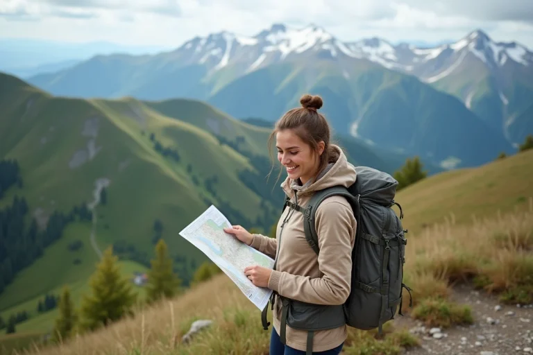 Jeune femme en randonnée avec carte et paysage montagneux