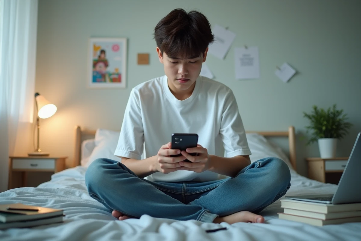 Adolescent inquiet assis sur son lit essayant de récupérer son compte Snapchat bloqué depuis son smartphone