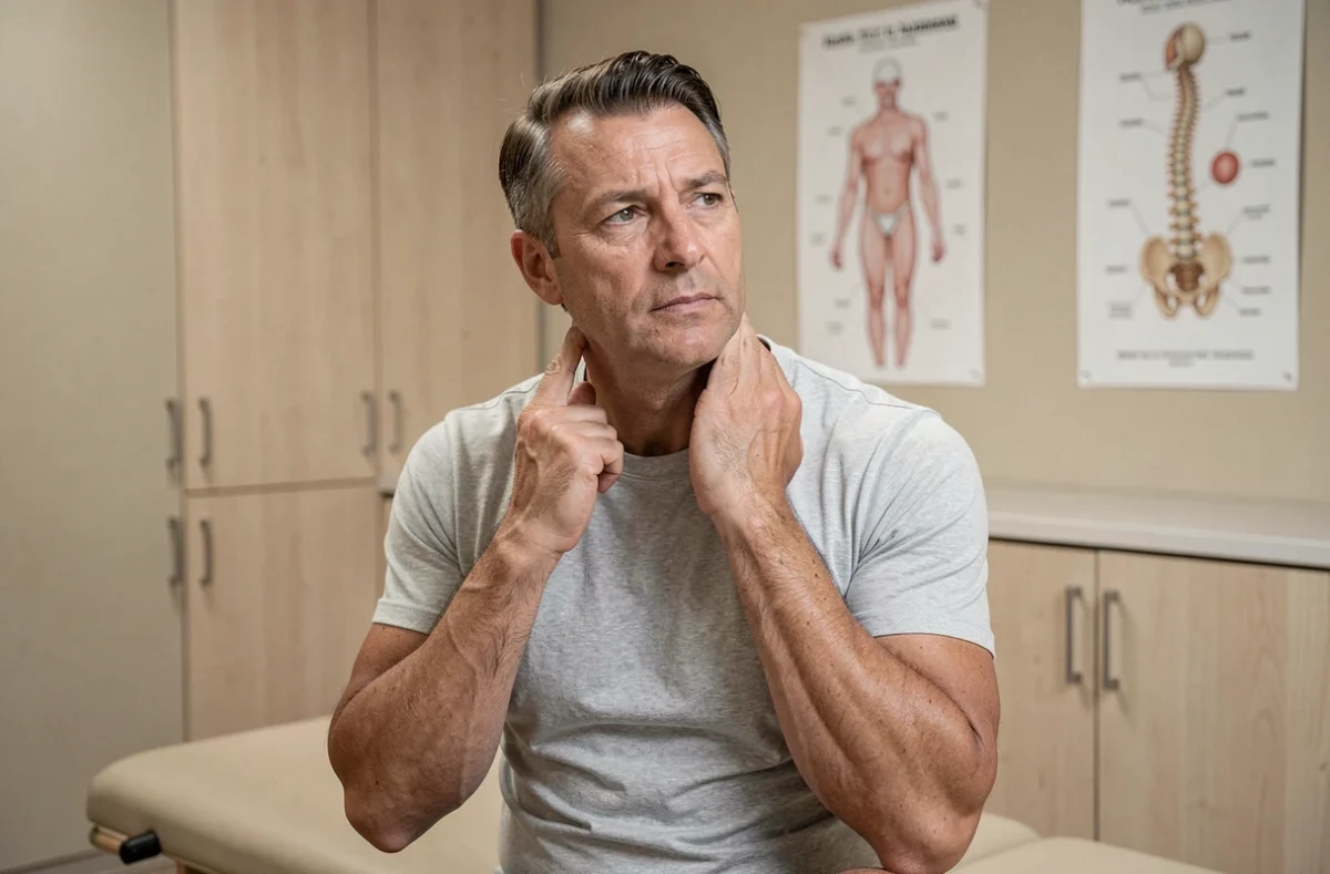 Homme d'âge mûr se tenant le cou lors d'une séance de kinésithérapie pour rétrécissement foraminal cervical C5-C6