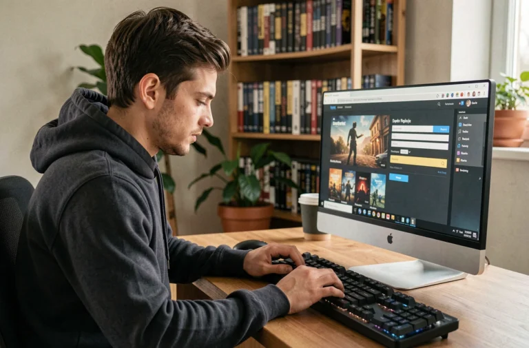 Jeune homme vérifiant un paiement sécurisé sur une boutique de jeux vidéo en ligne depuis son bureau à domicile