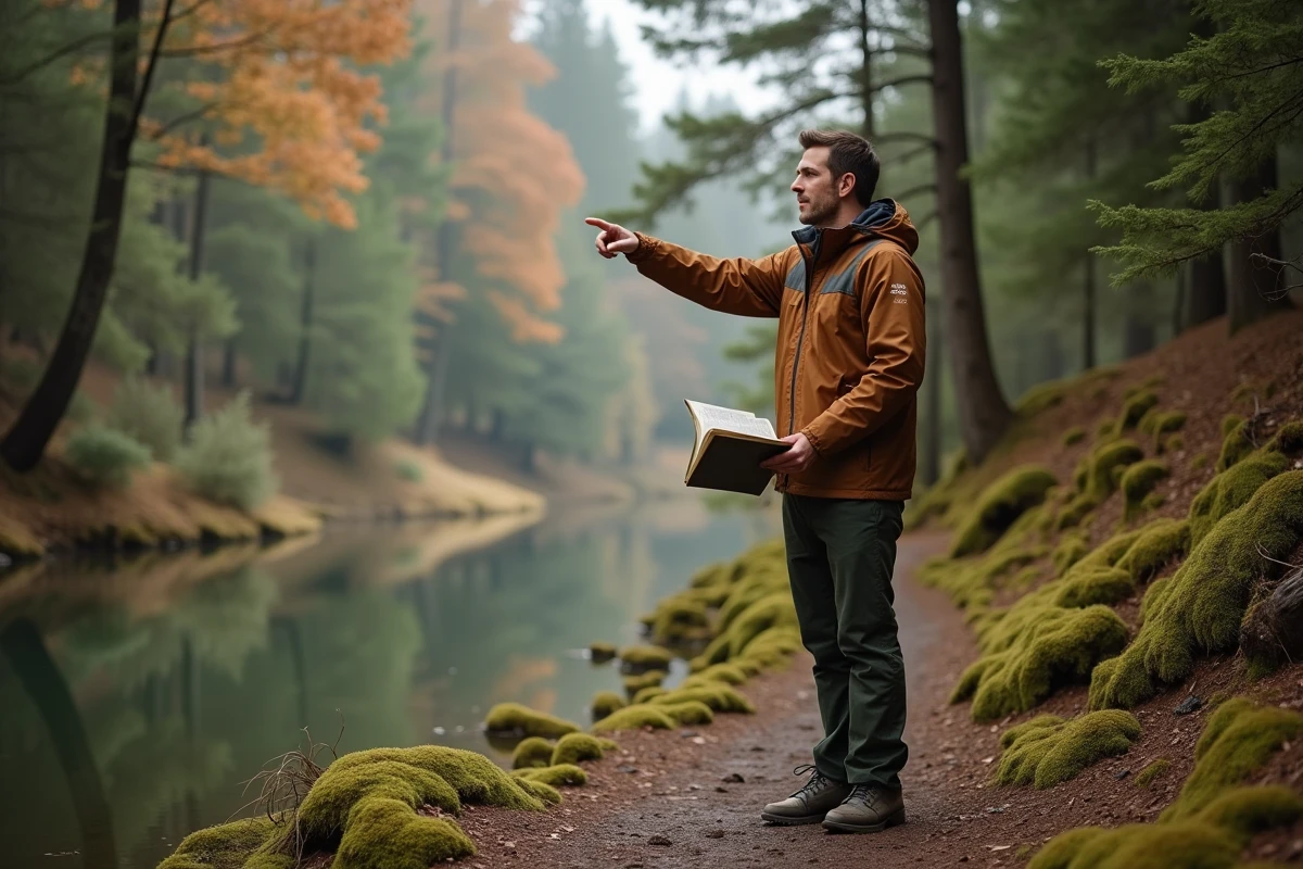 Un homme identifie des espèces d'oiseaux sur un sentier forestier près du lac d'Aiguebelette avec un guide ornithologique