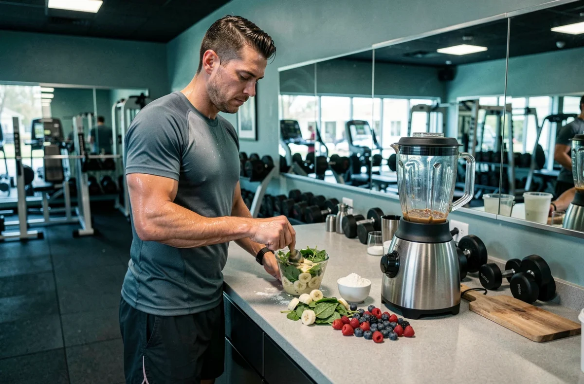 Sportif préparant un shake protéiné après l'entraînement avec des fruits frais dans une salle de sport
