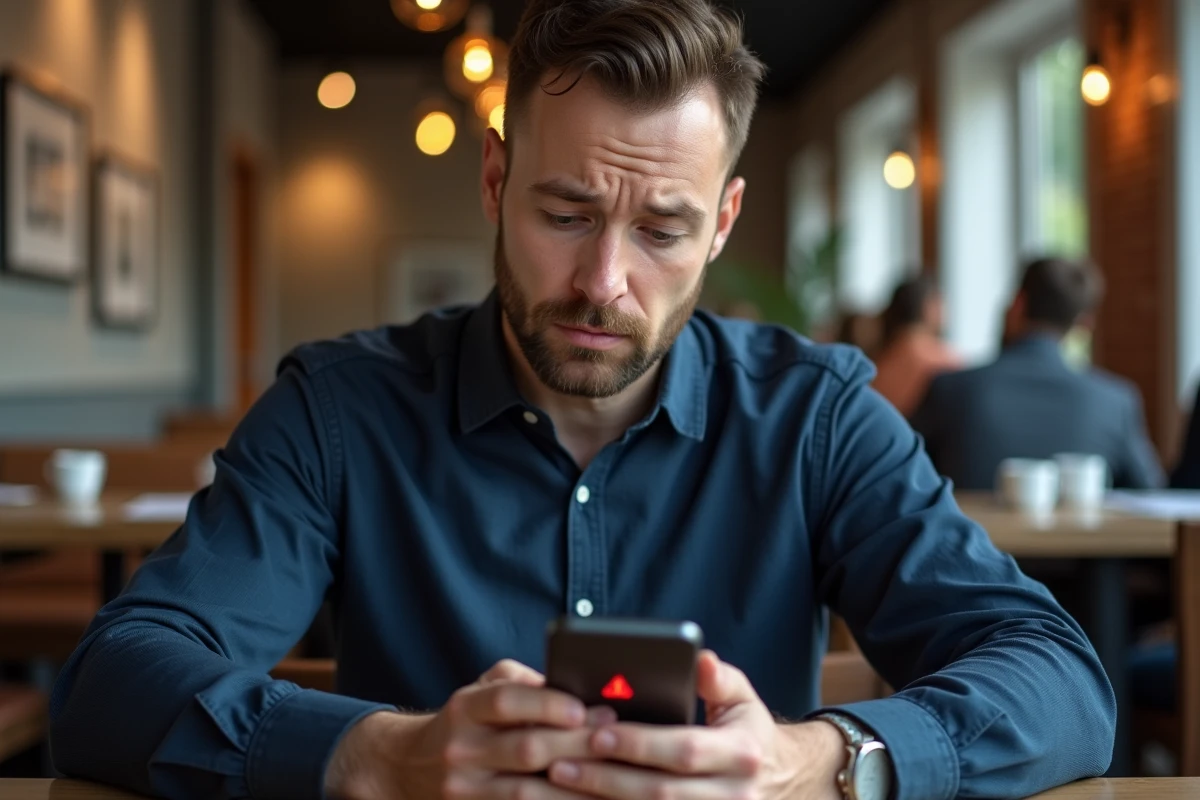 Homme concentré dans un café consultant son téléphone après le blocage permanent de son compte Snapchat