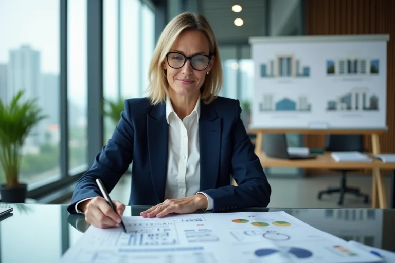 Femme professionnelle analysant des plans immobiliers et documents financiers dans un bureau moderne avec vue sur la ville