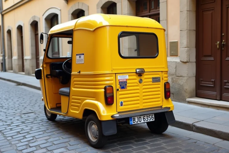 Tuk tuk homologué jaune garé sur une rue pavée française avec plaque d'immatriculation et autocollants de conformité
