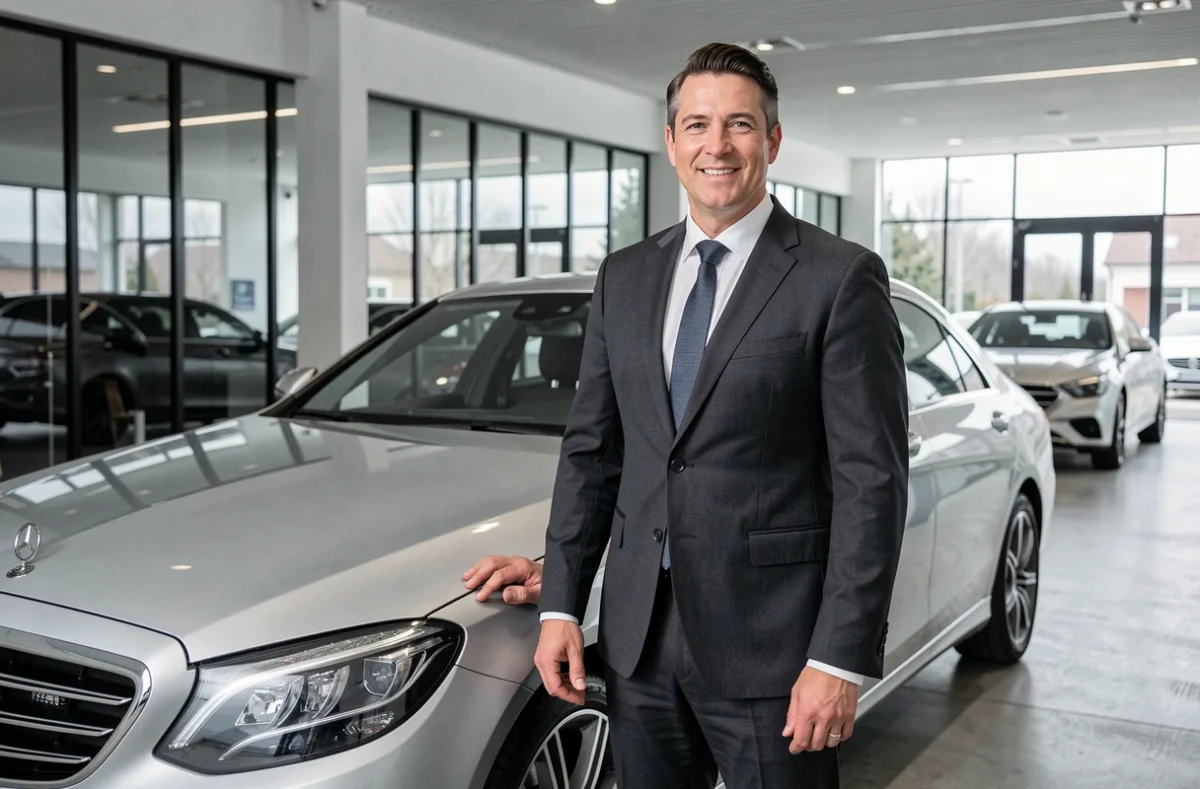 Vendeur Mercedes en costume dans une concession automobile de luxe moderne