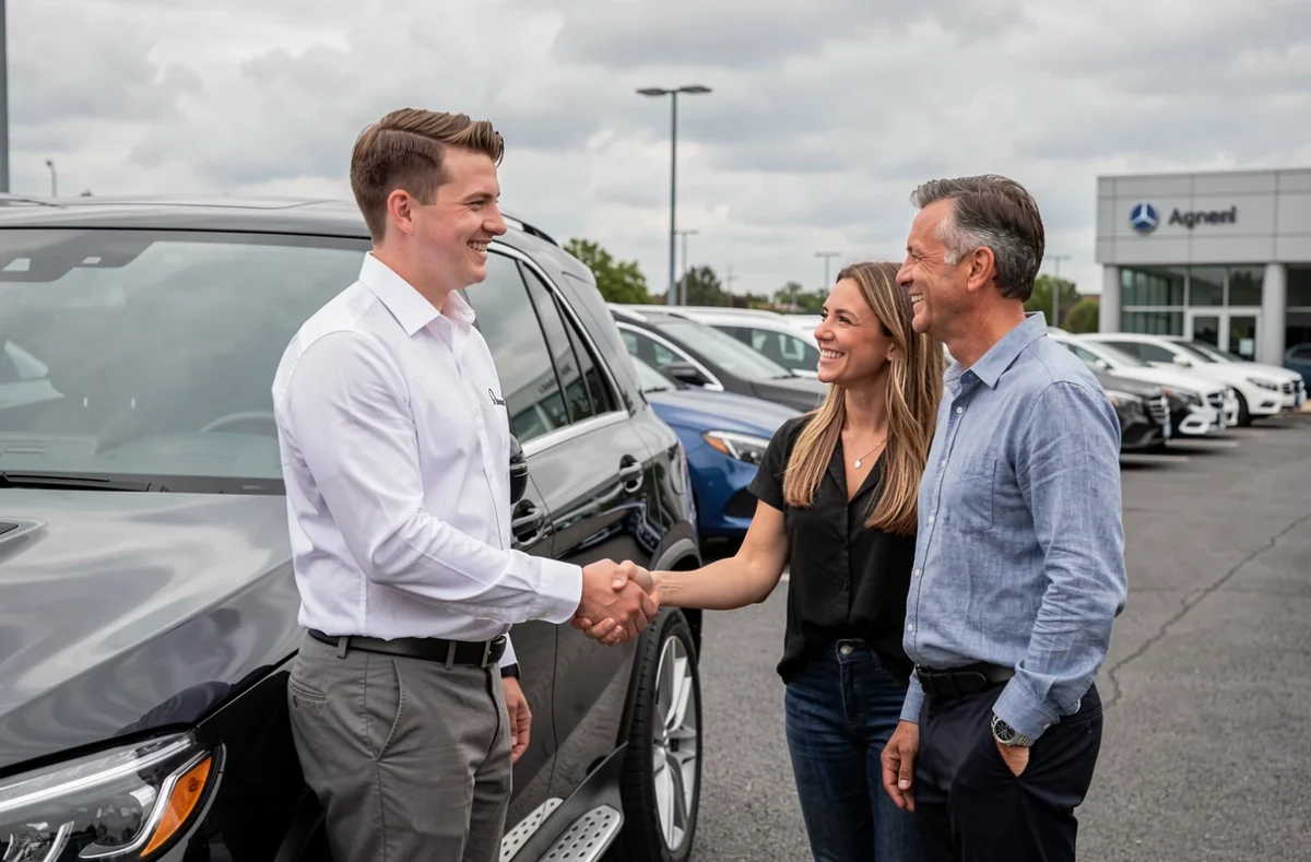 Vendeur Mercedes concluant une vente avec des clients satisfaits devant un SUV de luxe